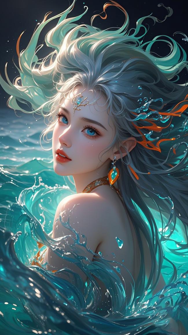 海洋女神银发飞舞插画
