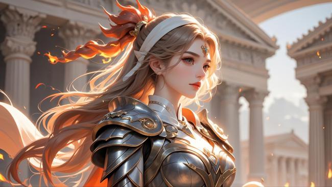 火焰战姬立于古希腊神殿前