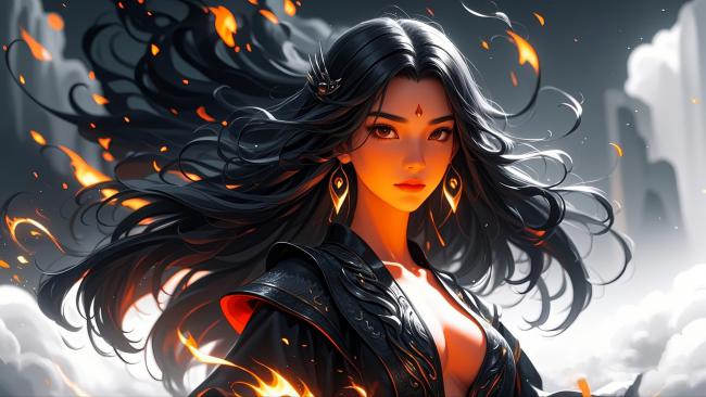 仙侠女战神火焰飞舞云端图