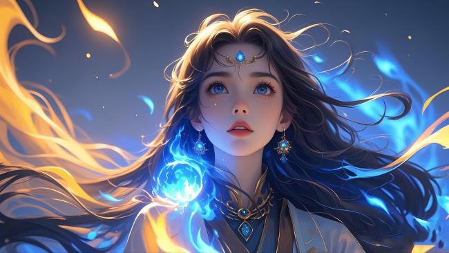 仙侠女神蓝金流光特效插画