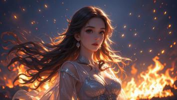 火焰中的银衣女神：奇幻史诗场景插画