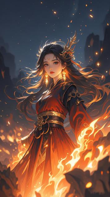 仙侠烈焰少女写真：古风红袍燃夜空