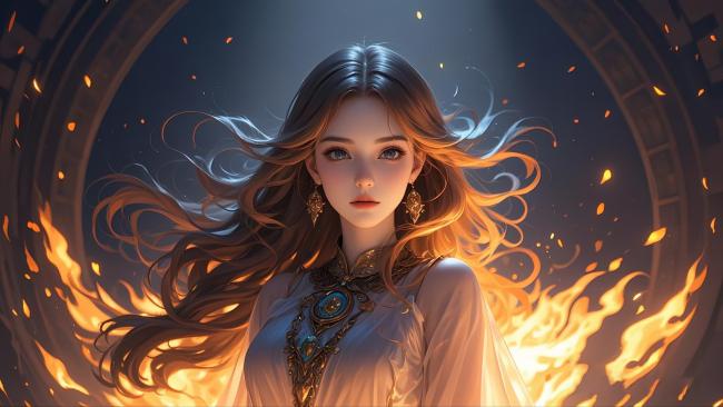 火焰拱门中的古风女神油画肖像