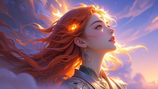 火焰女神仰望苍穹，光影如诗