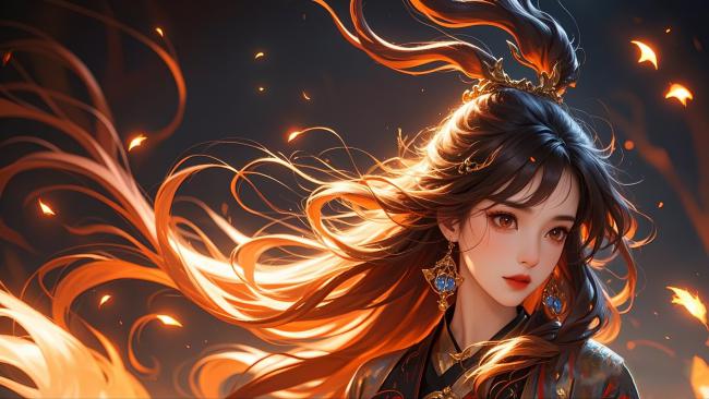 仙侠少女火焰飞发动态插画
