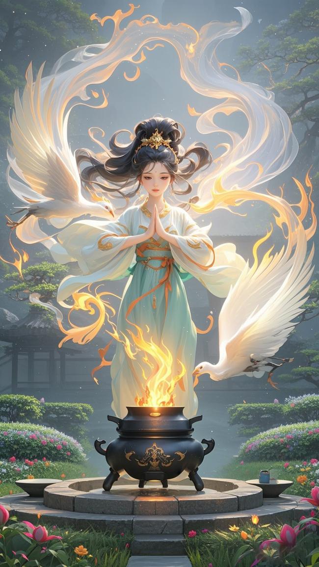 仙侠神女焚香祈愿，双鹤环绕火焰灵焰