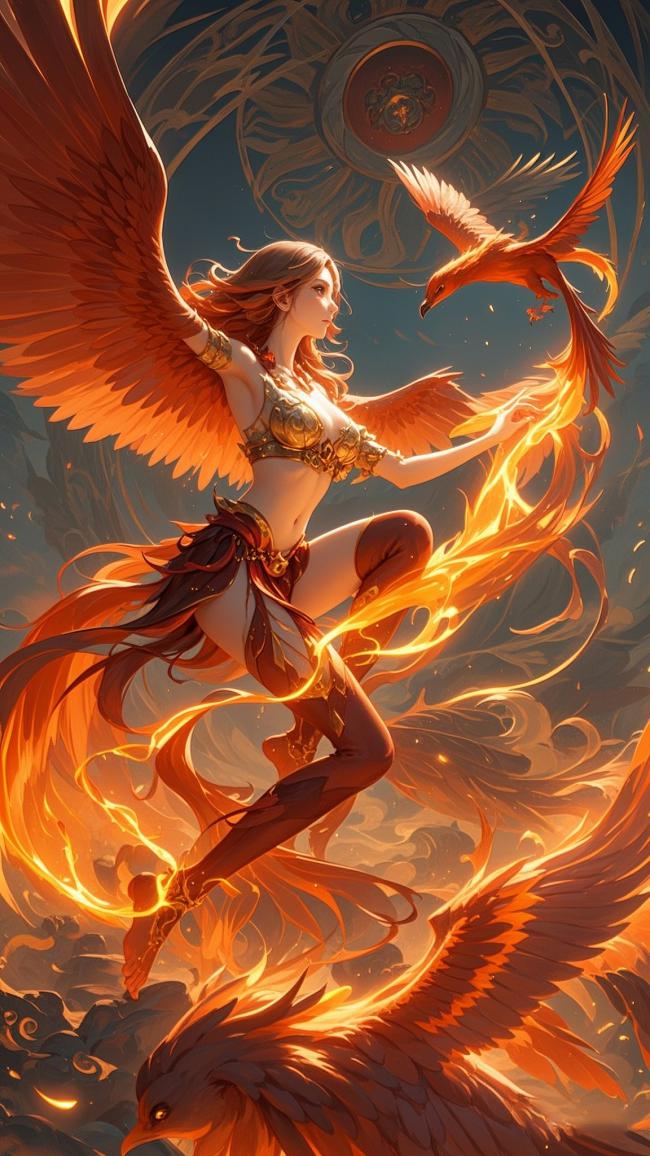 凤凰女神燃焰飞舞奇幻场景插画