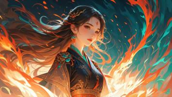 仙侠少女燃焰立像，古风华服幻影飞舞