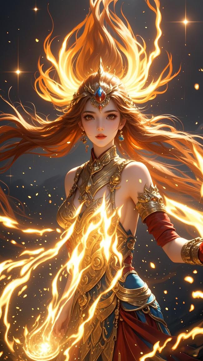 火焰女神神话插画，星空下的炽焰仙姬