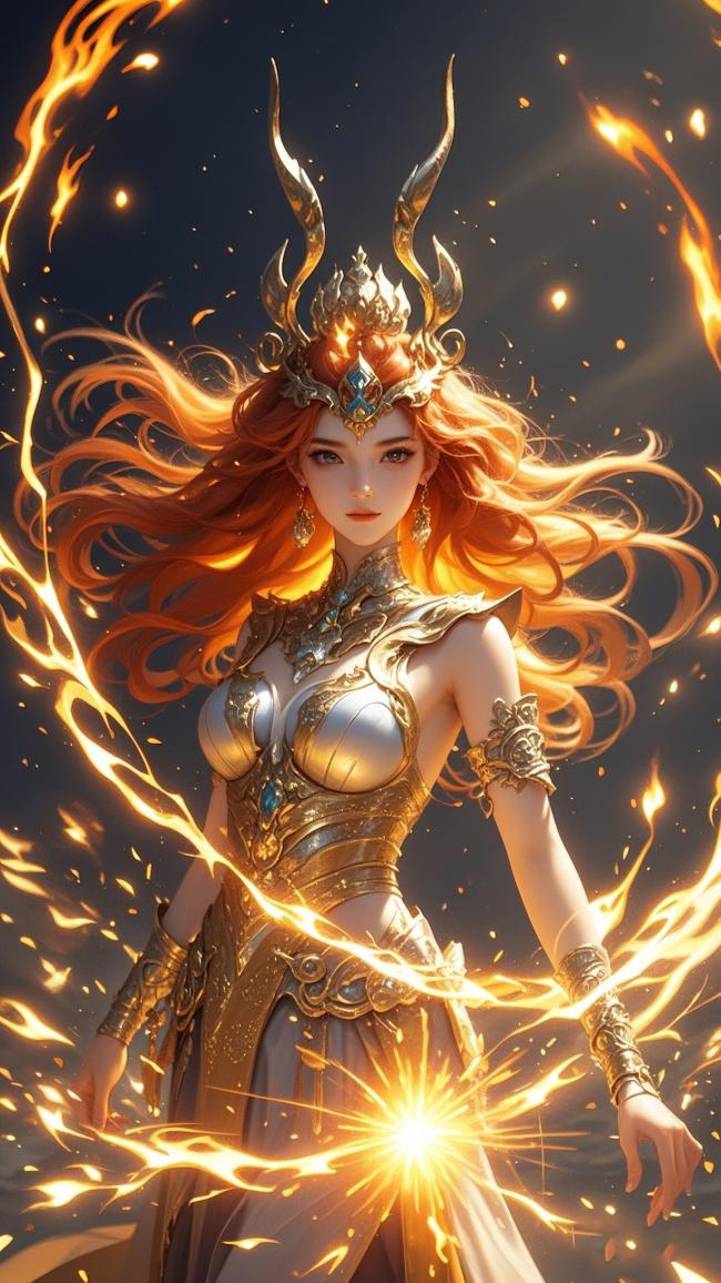 火焰女神仙侠玄幻插画，金甲耀世燃天际