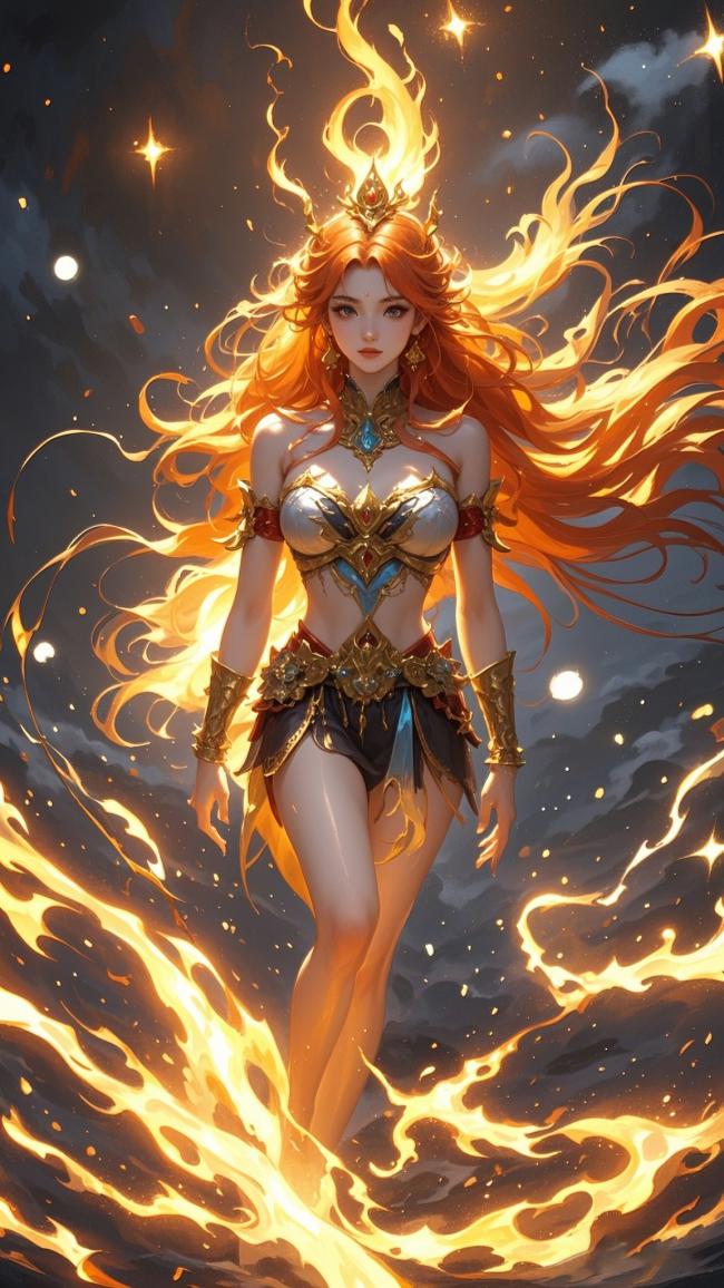 火焰女神立于星海，烈焰缠身幻化神威