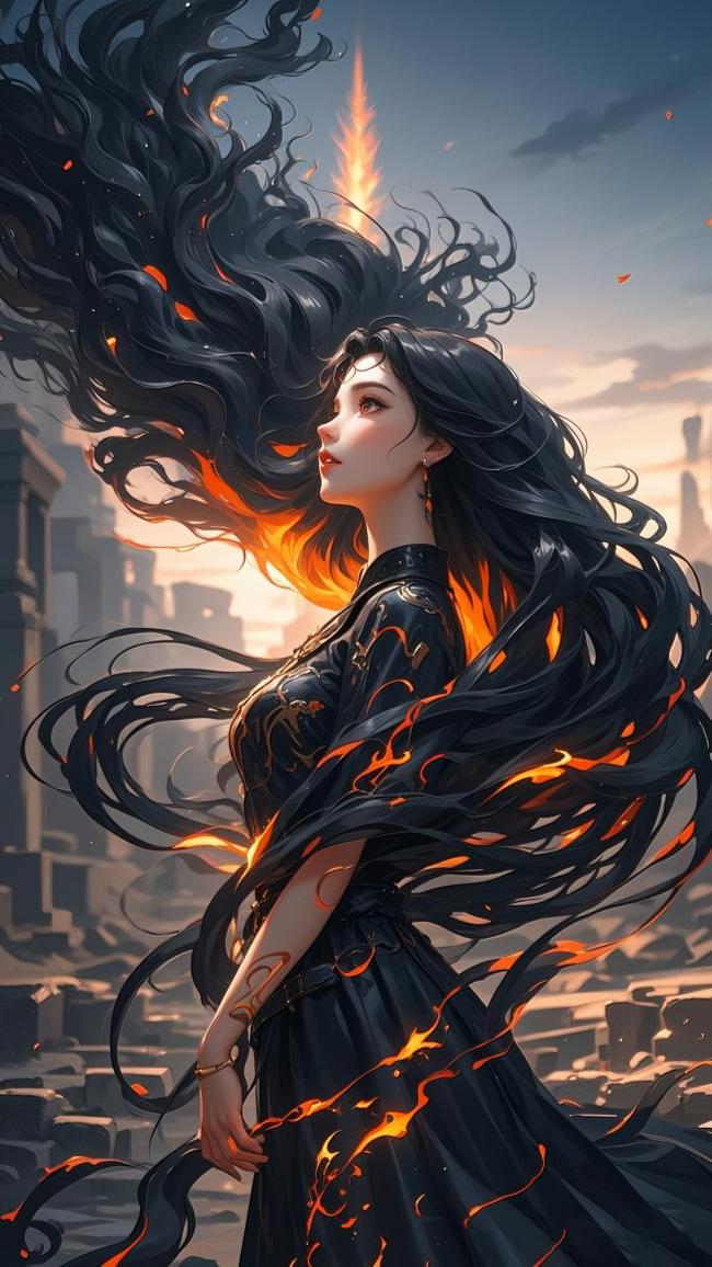 黑发燃火仙侠少女立于废墟之上