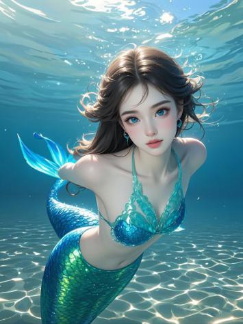 水下美人鱼写实插画，光影流动梦幻唯美