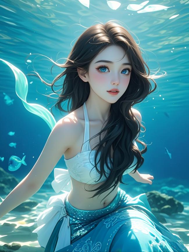 水下美人鱼写实插画，光影梦幻如电影镜头