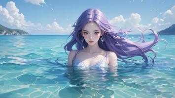 紫发少女海边沐浴插画