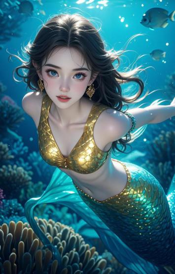 海底金鳞美人鱼写实插画