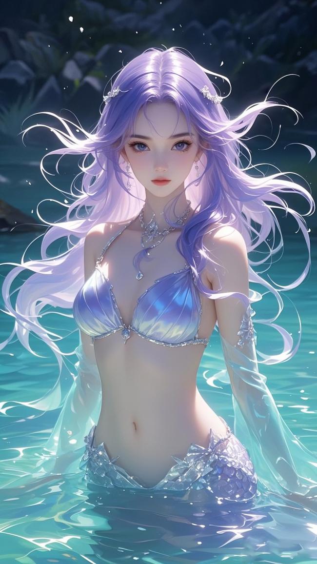 紫发人鱼水下写真 3D渲染梦幻场景