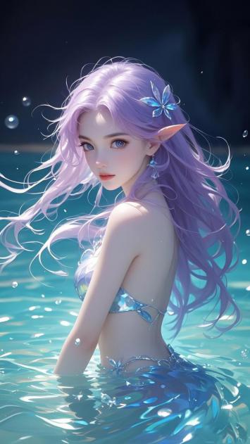 紫发精灵少女水中回眸幻境