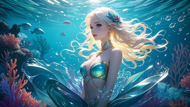 海底美人鱼写实插画，光影梦幻如梦