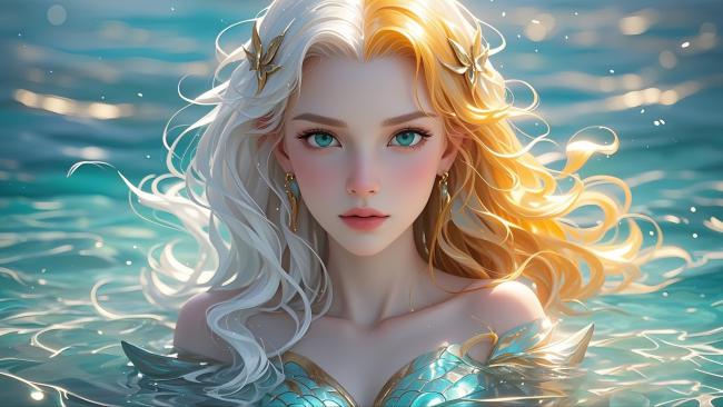 海洋美人鱼油画肖像图