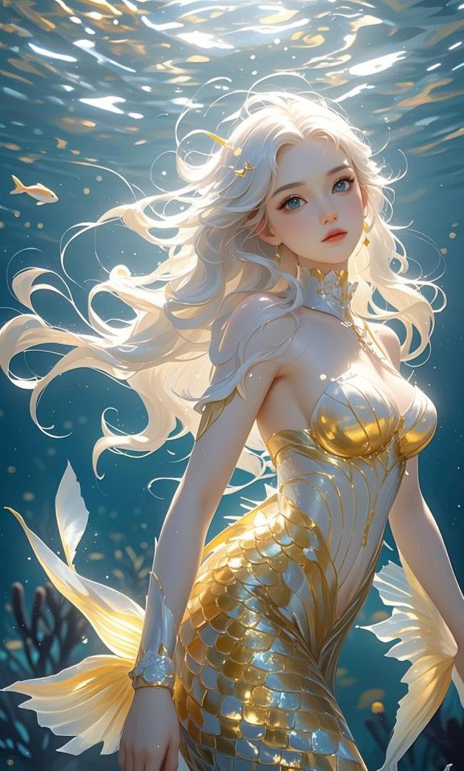 金鳞人鱼水下肖像：梦幻光影与华丽鳞片交织