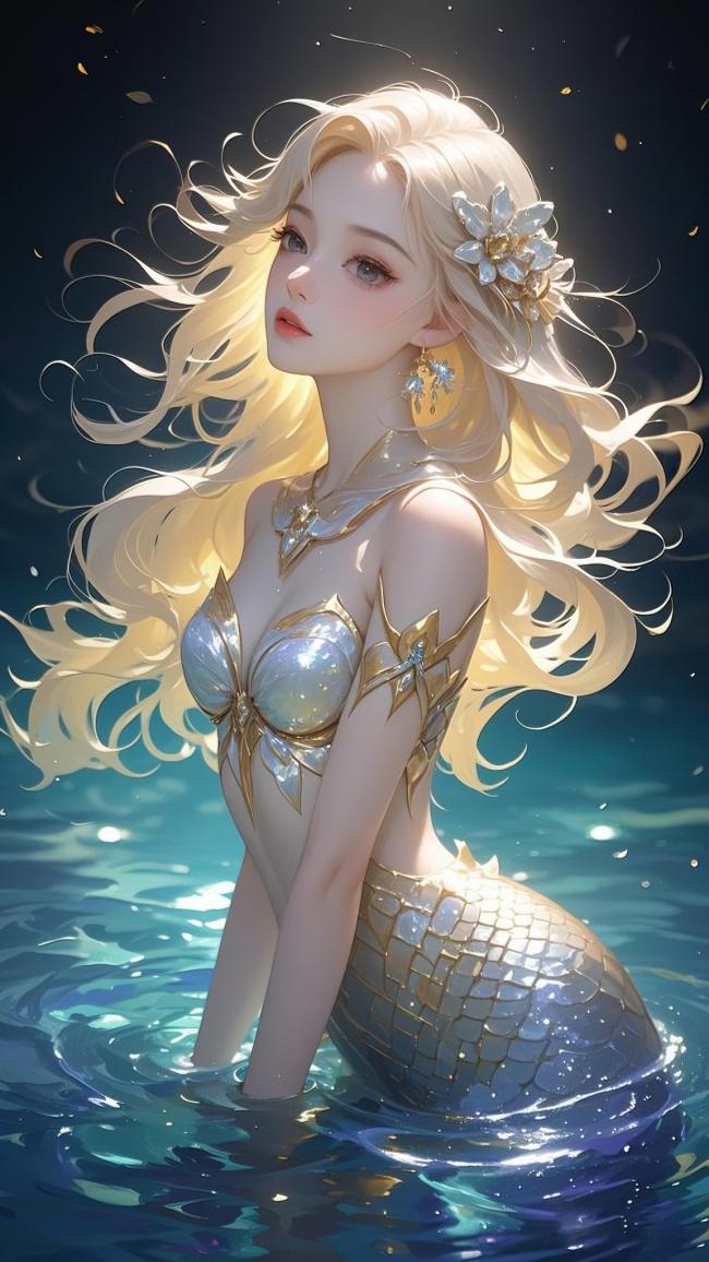 金发美人鱼浮游深海，鳞尾闪烁梦幻光芒