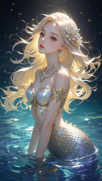 金发美人鱼浮游深海，鳞尾闪烁梦幻光芒