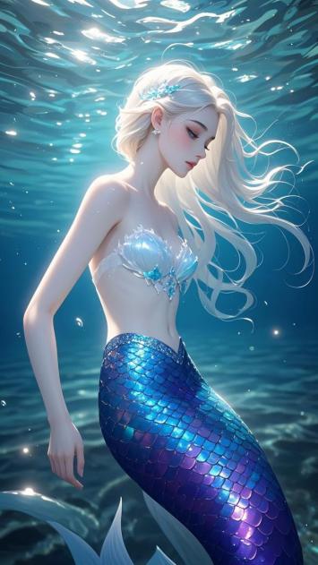 水下银发美人鱼 3D写实渲染图