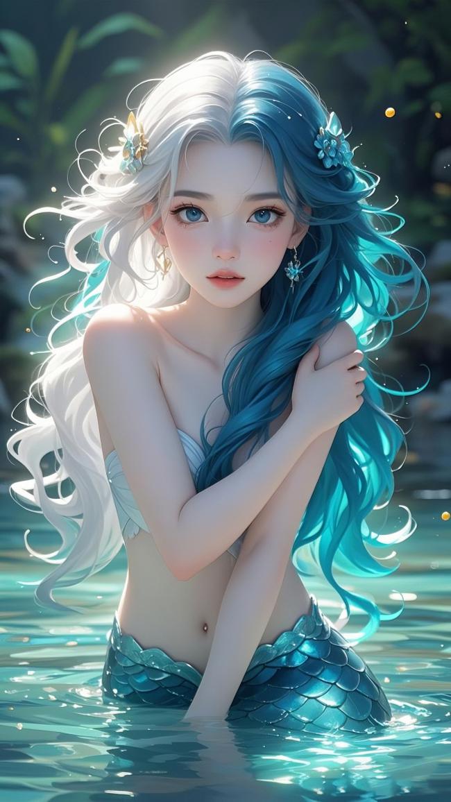 蓝白人鱼少女水下写真动漫风插画