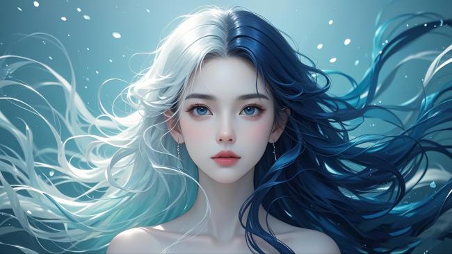 蓝白长发少女水下凝视3D写实肖像
