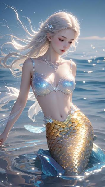 银发人鱼少女海边写真 3D渲染高清图