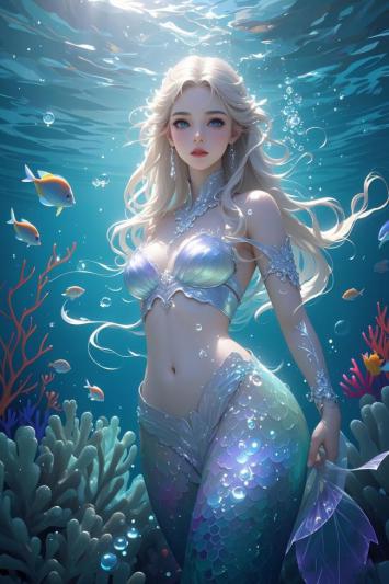 银发美人鱼水中翩跹，鳞光闪烁如梦境