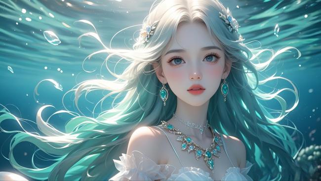 海底仙子：银发蓝宝美人鱼插画