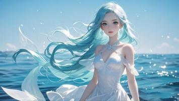 蓝发人鱼少女海边写真