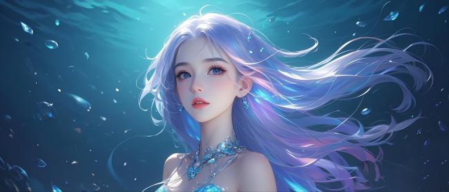 银发人鱼沉入深海，梦幻光影交织