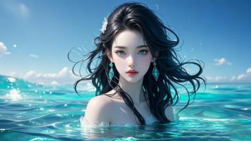 海边少女写真风插画，蓝海映衬绝美容颜