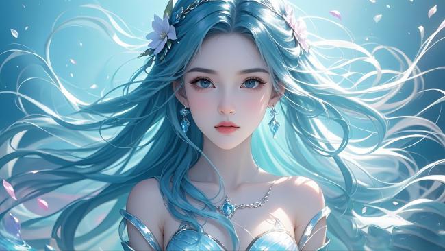 蓝发仙子梦幻写真插画