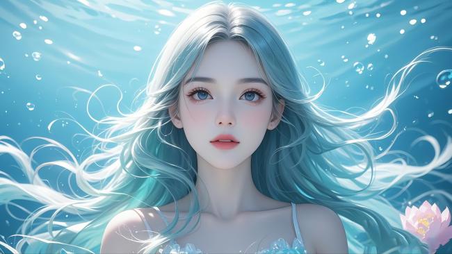 水下蓝发少女梦幻插画