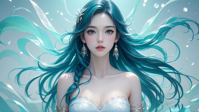 蓝发仙子水漾肖像3D渲染图