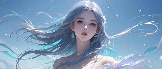 蓝发少女飘逸立绘，梦幻空灵仙气十足
