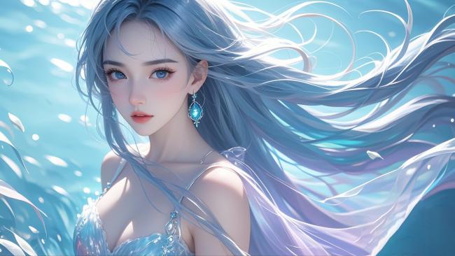 蓝发水神梦幻写真：赛博朋克海洋女神