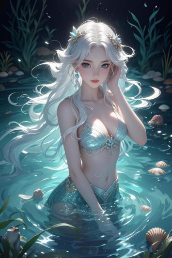 银发美人鱼沉浮海底，梦幻光影交织