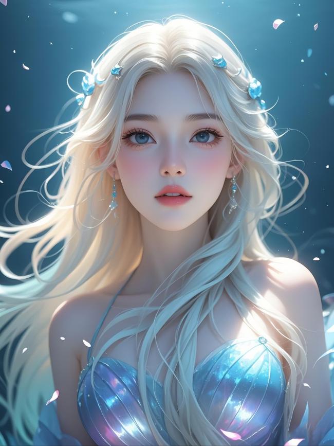 深海银发美人鱼油画肖像