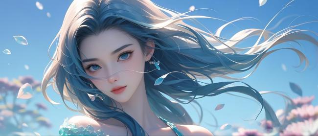 蓝发少女飘雪花海动漫插画