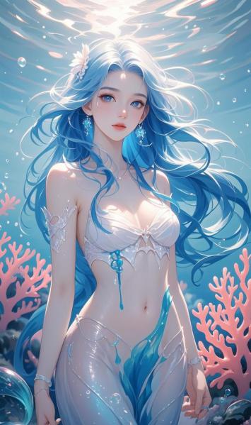 蓝发人鱼少女水下幻境插画