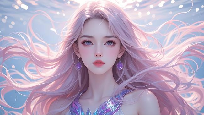 水下美人鱼油画肖像，粉紫长发梦幻飘逸