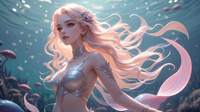 水下银鳞美人鱼插画