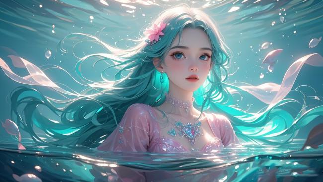 水下仙子飘逸蓝发梦幻插画