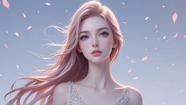 梦幻金发少女肖像，花瓣纷飞如诗如画