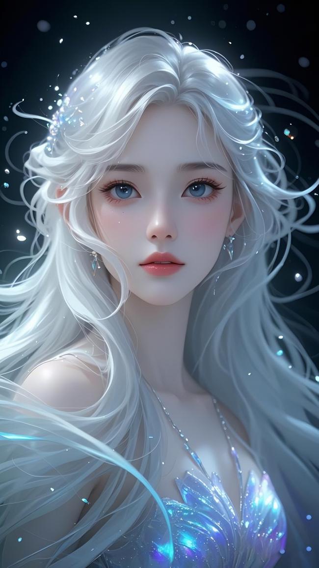 银发精灵少女3D写实肖像，星光幻境中绽放梦幻光芒